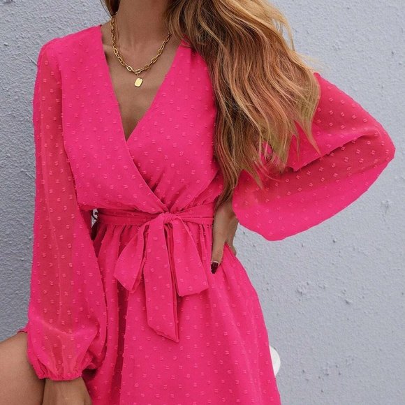 Pink Boho Womens Surplice Neck Lantern Sleeve Belted Swiss Dot Chiffon … - Picture 4 of 5